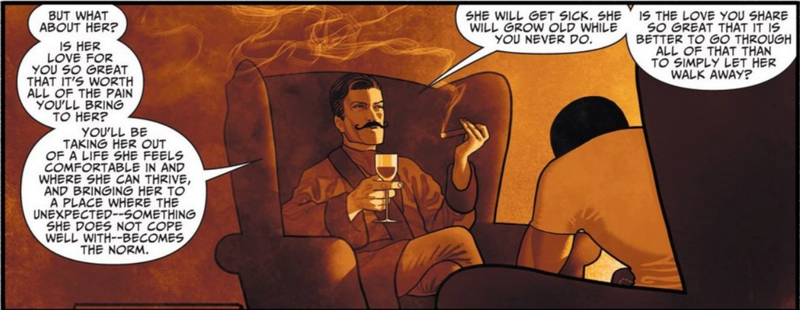 David talks with another immortal and debates whether to tell his fiancee about what he’s become.